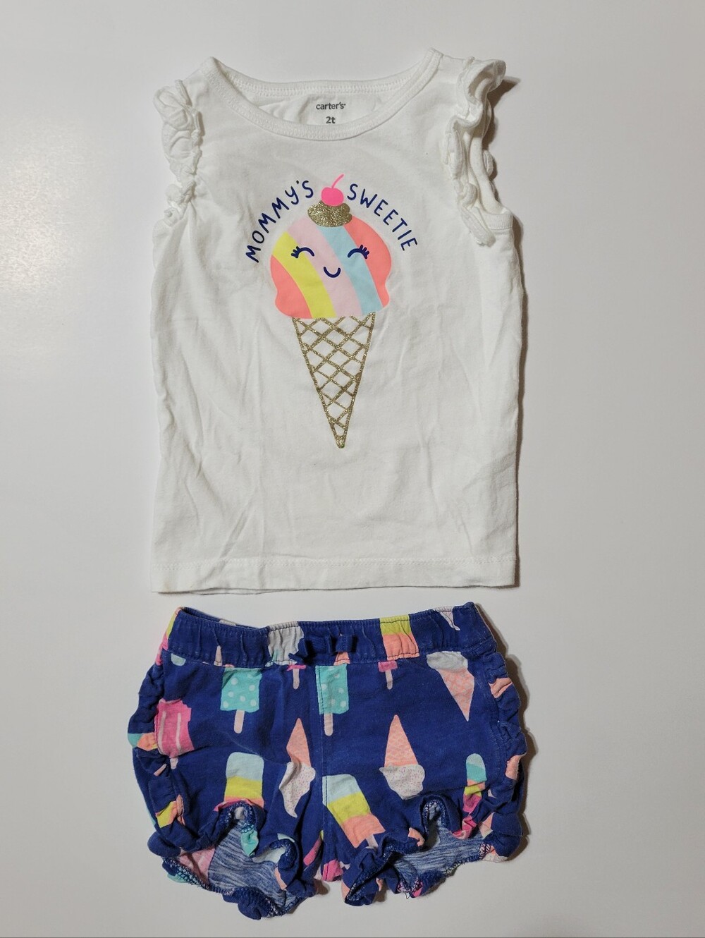 Carter’s Toddler Girls 2T Ice Cream Tank Top & Ruffle Shorts Outfit Set
